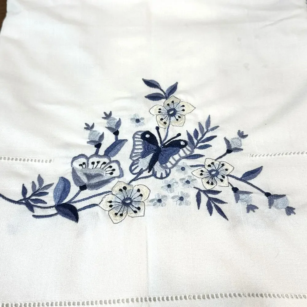 Vintage Embroidered White Linen Blend Tablecloth with Blue Butterflies & Flowers